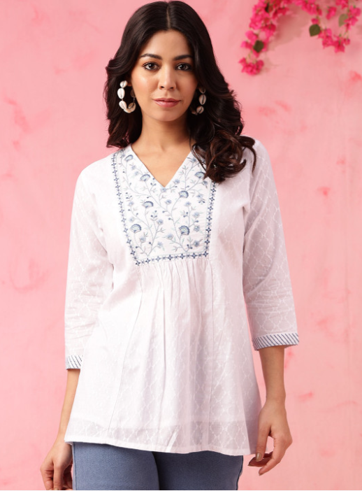 Floral Embroidered V-Neck Cotton Short Kurti