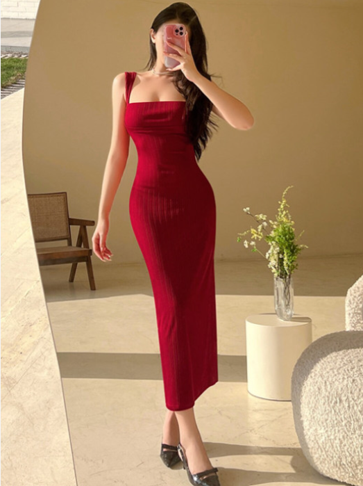 Red Solid Sleeveless Midi Bodycon Dress
